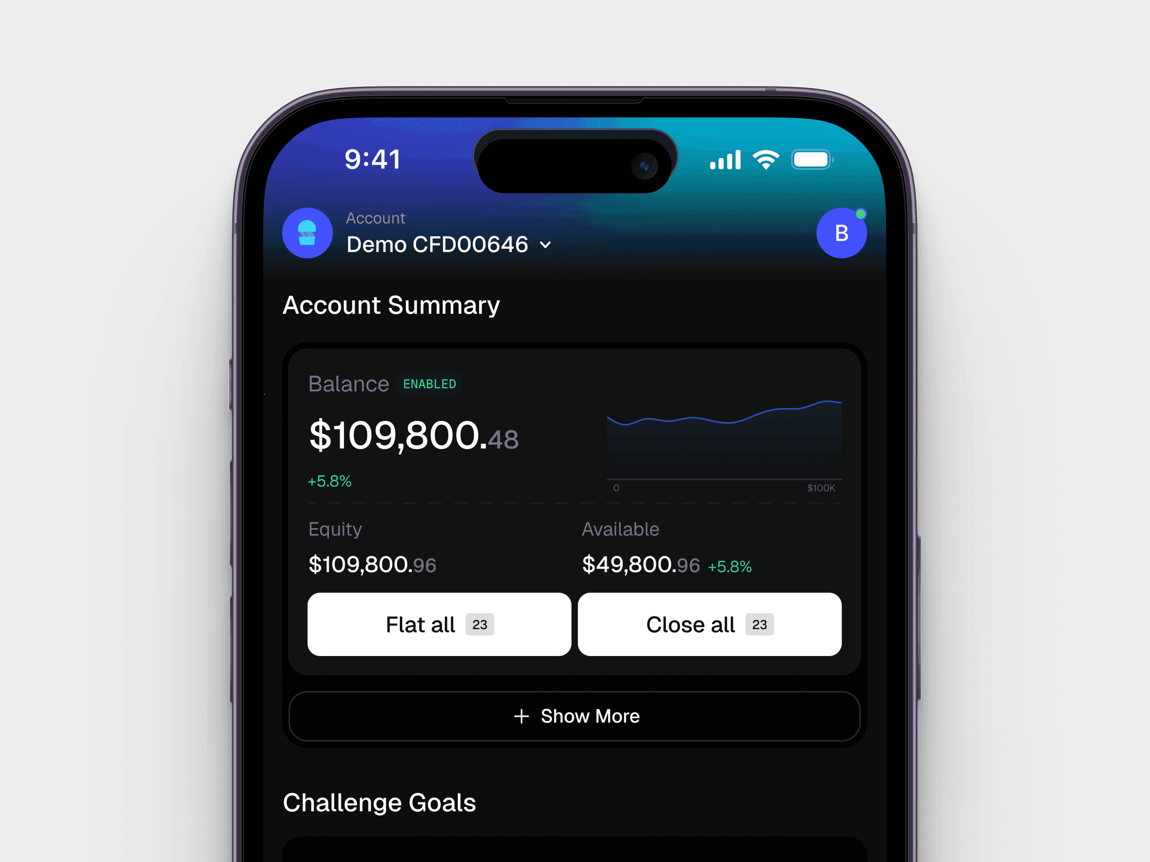 Prop firm trading account summary, dark theme
