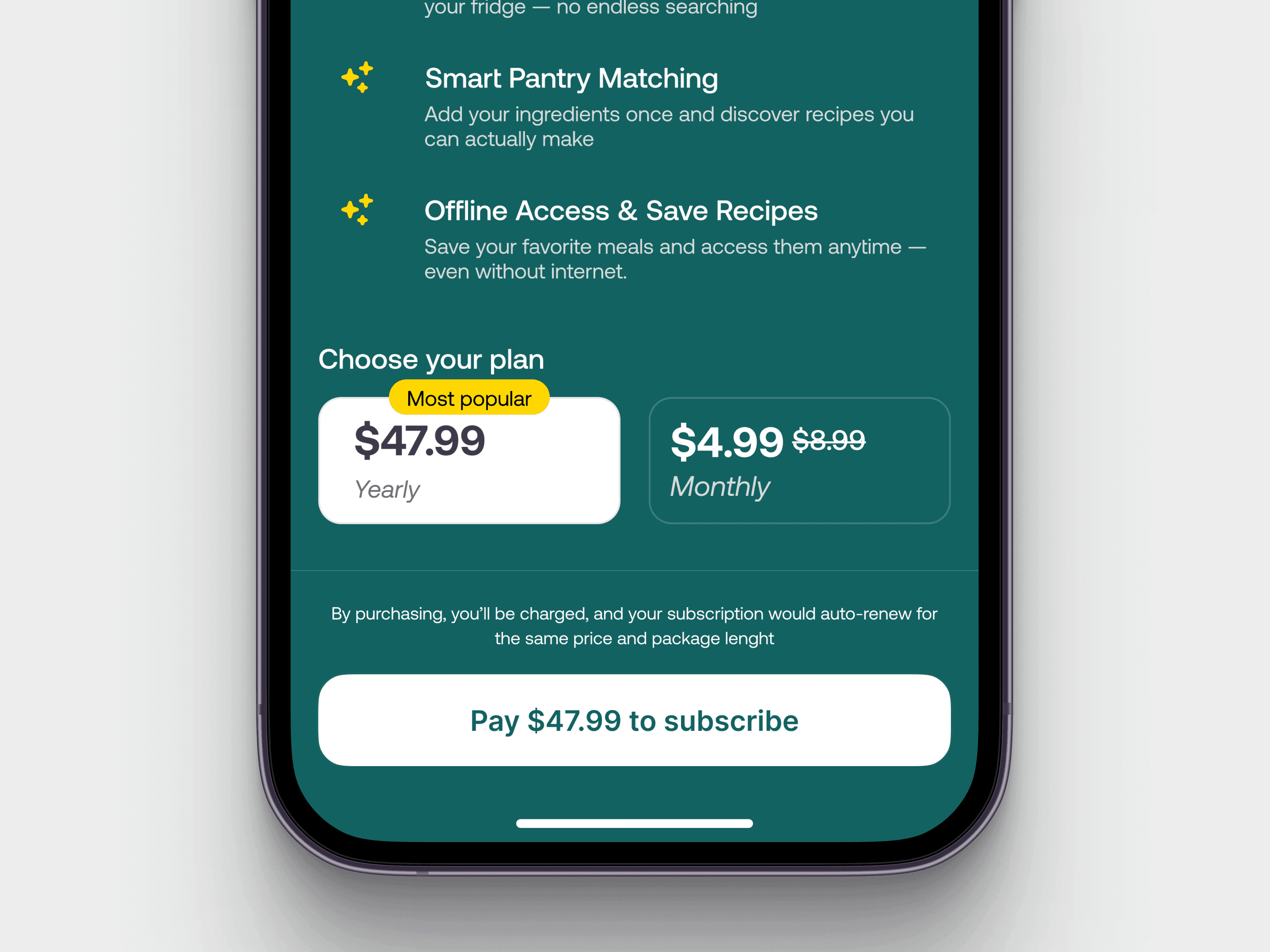 Recipe app subscription pricing screen