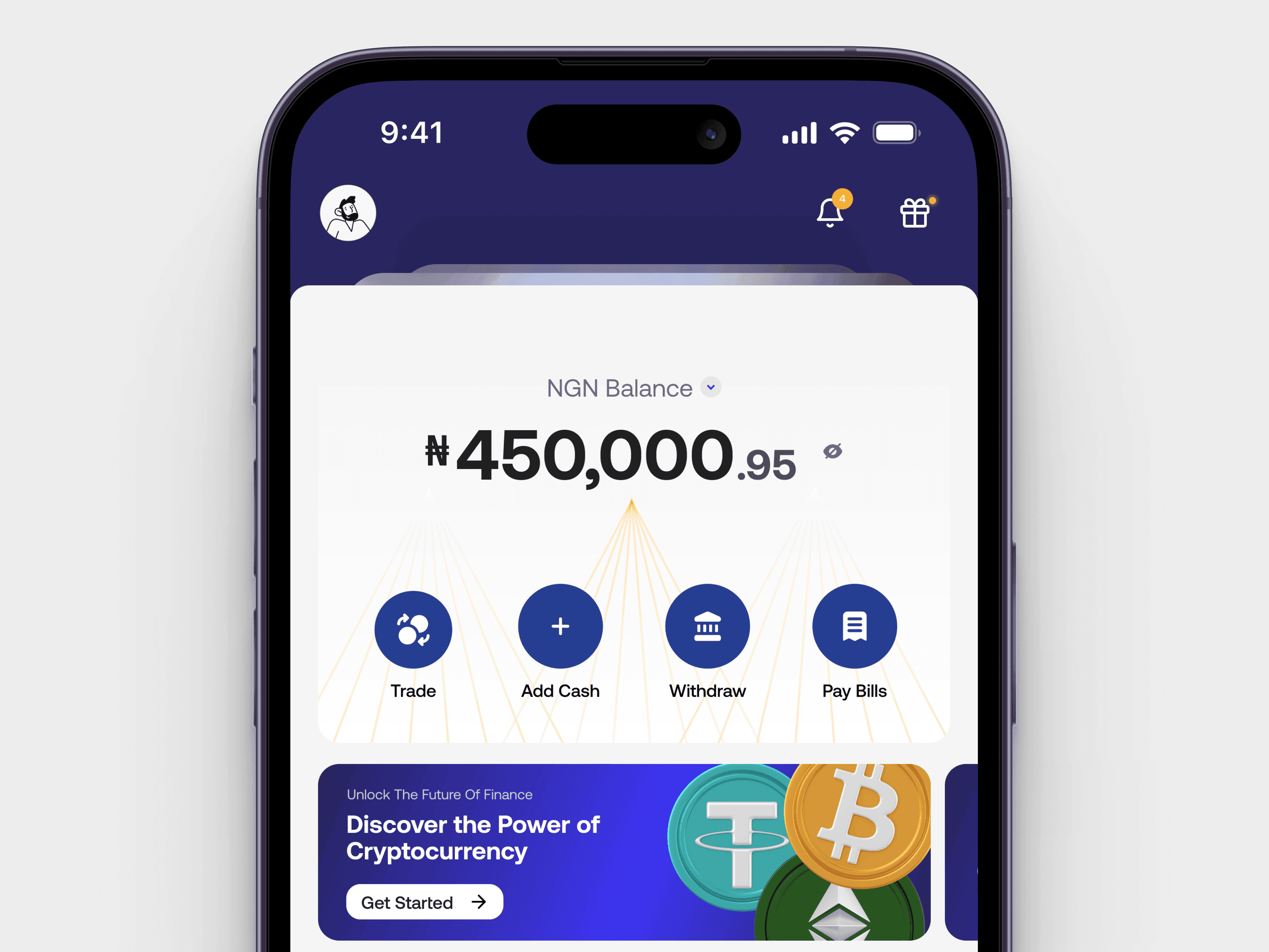 Crypto wallet balance screen, dark theme