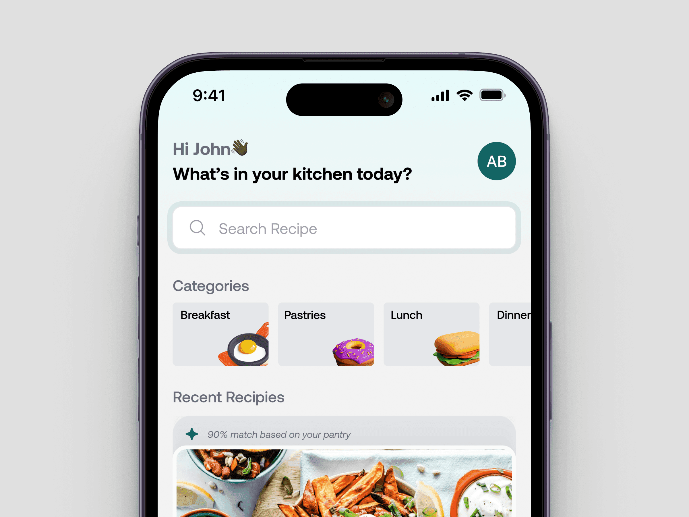 Recipe app home screen, "What's in your kitchen today?"