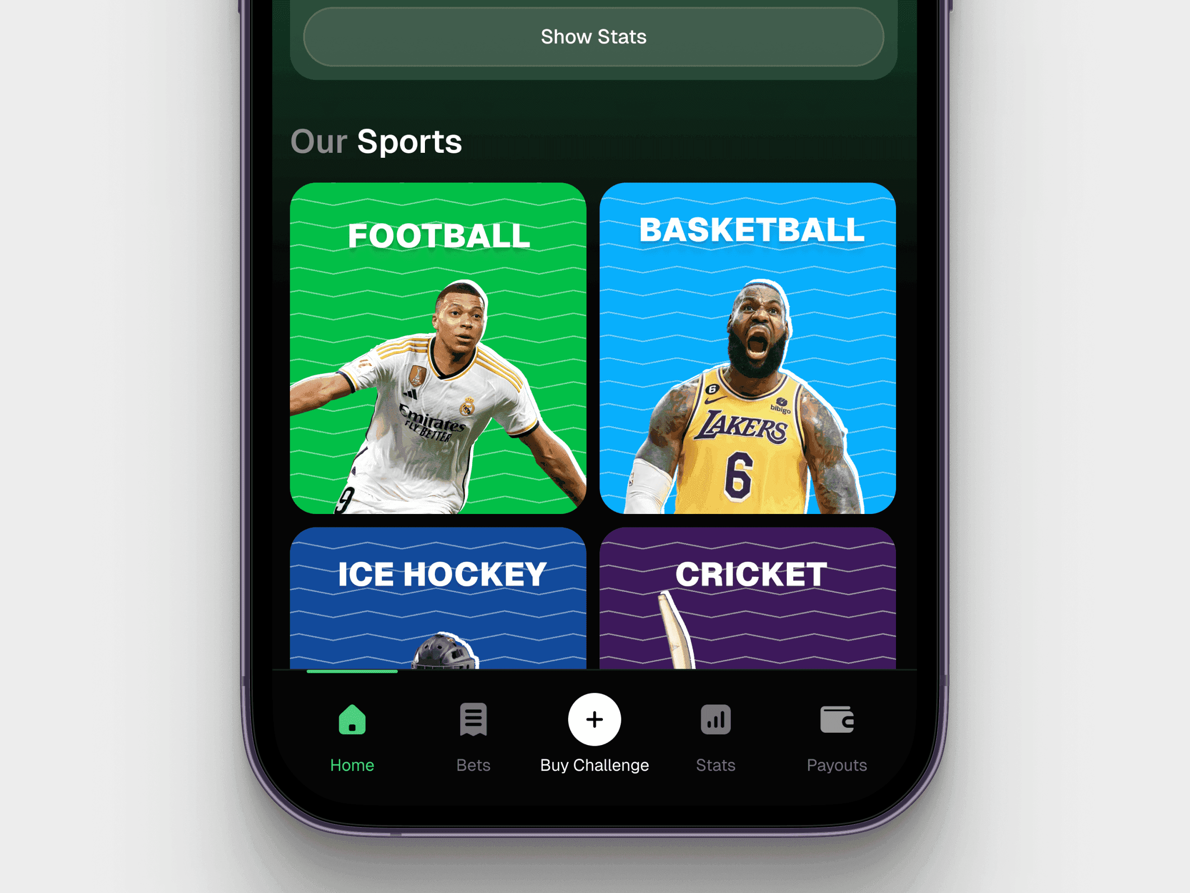 Sports betting app, sport selection screen